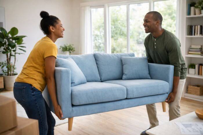 Couple moving a sofa